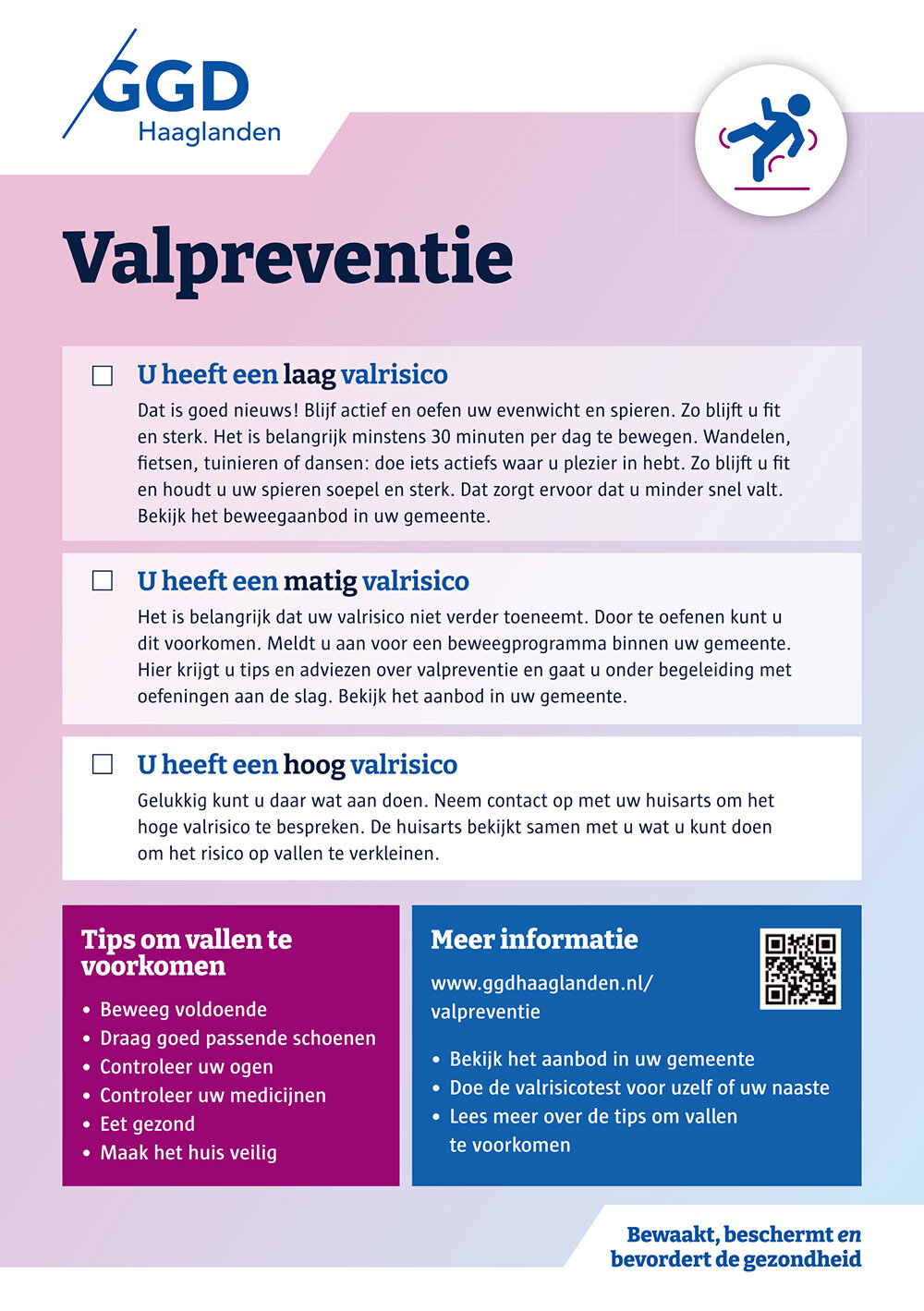 Deze illustratie laat de flyer zien met meer informatie over de verschillende valrisico’s en een verwijzing naar de website van GGD Haaglanden